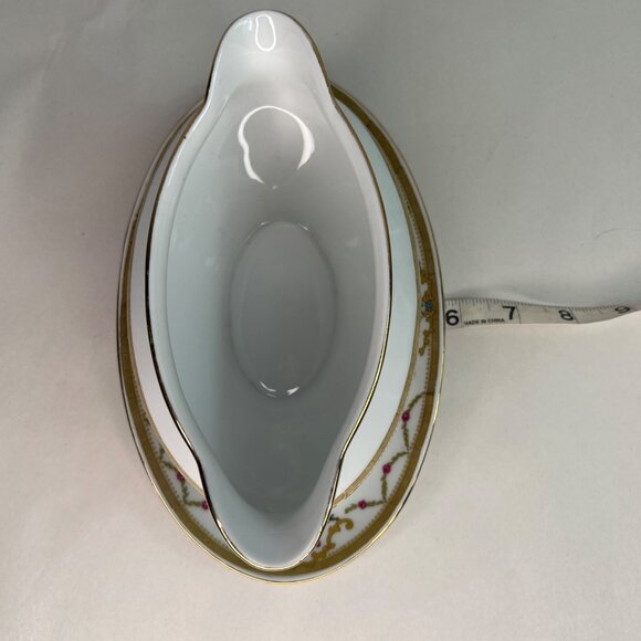 VTG Royal Bayreuth Bavaria Gravy Boat W/ Attached Plate Gold Trim Floral - Picture 12 of 13